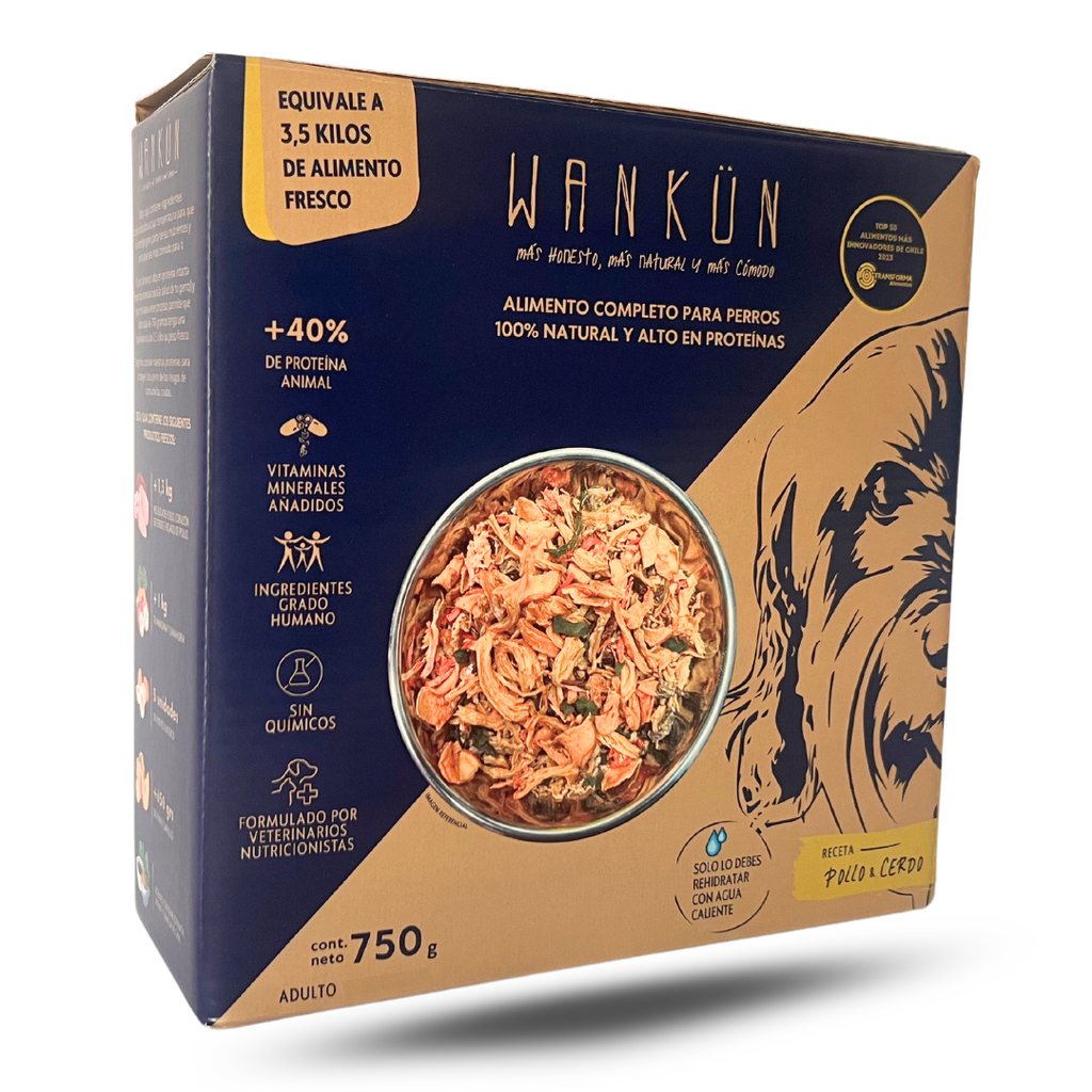 Wankün - Alimento para perros adultos - Receta pollo y cerdo (750 grs) equivale a 3,5K de comida fresca