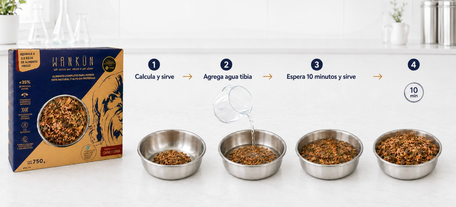 Preparación de alimento Wankün: porción deshidratada, más agua tibia y alimento hidratado listo para servir