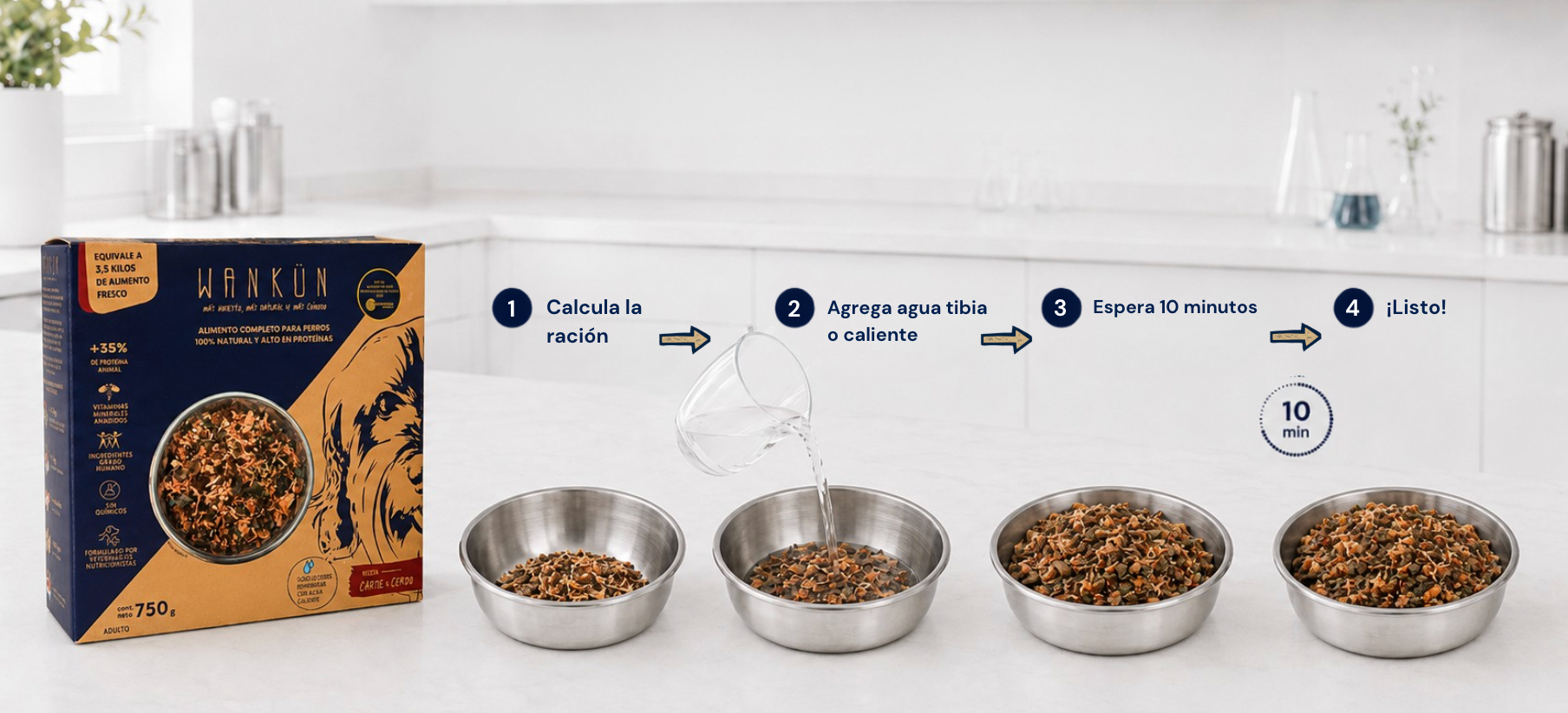 Preparación de alimento Wankün: porción deshidratada, más agua tibia y alimento hidratado listo para servir