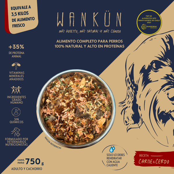 Wankün - Alimento para perros adultos - Receta carne y cerdo (750 grs) equivale a 3,5K de comida fresca